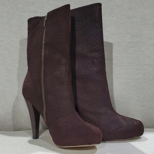 Colin Stuart reptile embossed dark purple/brown platform heeled boots euc